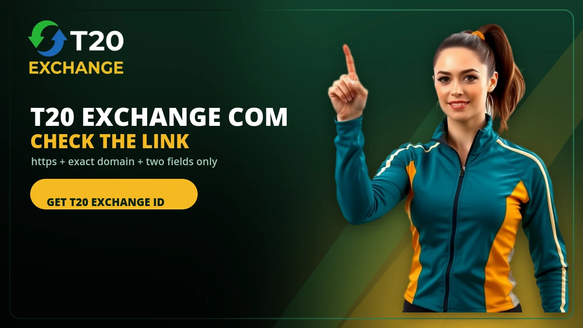 Checking the official T20 Exchange com link in a browser address bar before login